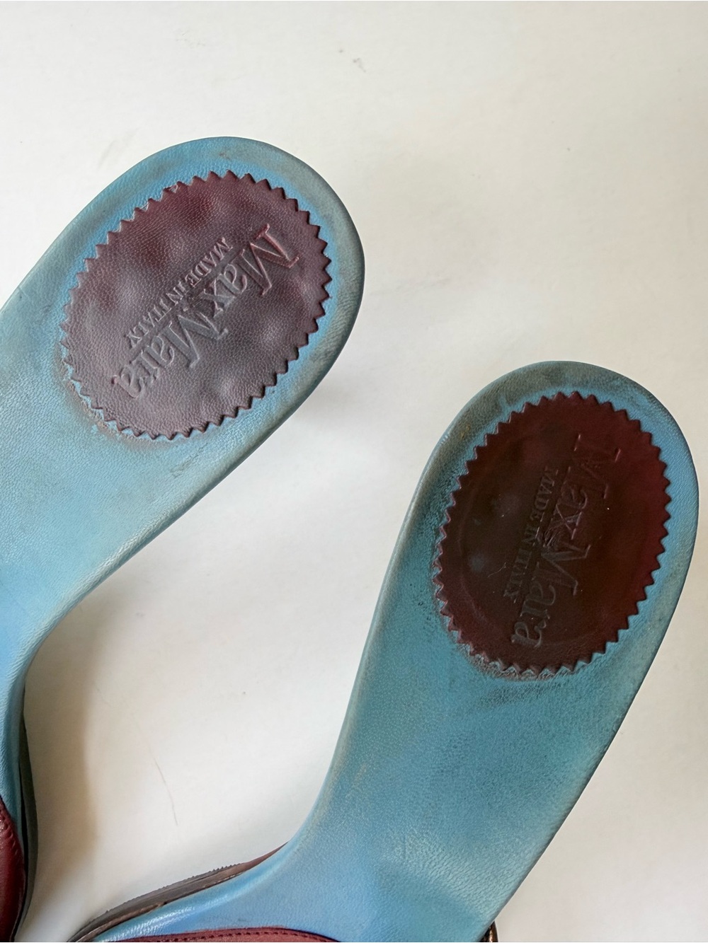 Vintage MaxMara Metallic Copper Burgundy Red Blue Leather Low Heeled Sandals 38 - Picture 10 of 12